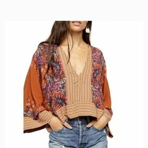 Free People Mix n Match Burnt Orange Floral V-Neck Boho Tunic